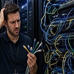 Data center technician (confused) working on network cables without labels - featured image
