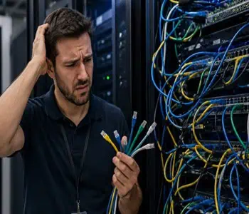 Data center technician (confused) working on network cables without labels - featured image