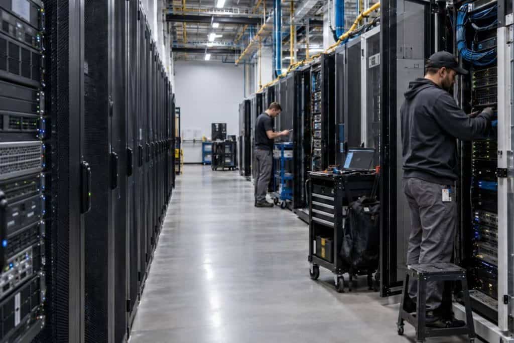 AI Data Center technician retrofitting server racks for AI processing